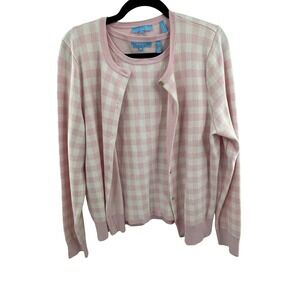 Draper James RSVP Pink Gingham Cardigan and Shell Sweater Set Twin Set M